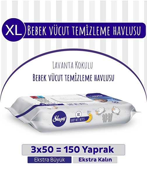 XL Lavanta Kokulu Bebek Vücut Temizleme Havlusu 3x50(150 Yaprak)