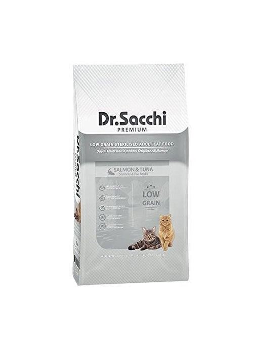 Dr.Sacchi Premium Sterilised Somon ve Ton Balıklı Düşük Tahıllı Kısırlaştırılmış Kedi Maması 10 Kg