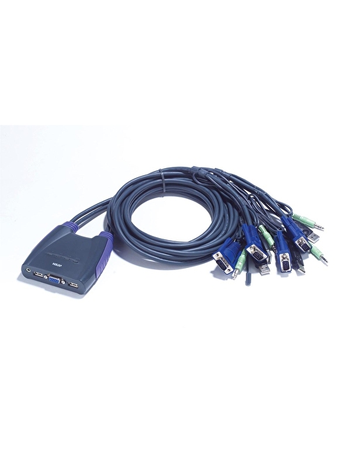 4 portlu USB VGA KVM (Keyboard/Video Monitor/Mouse) Switch, Hoparlör bağlantısı mevcut, Masaüstü Tip, KVM bağlantı kablosu ürüne gömülüdür