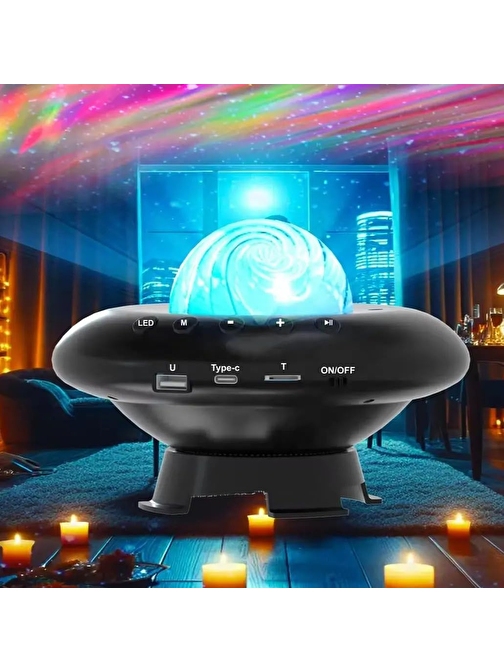 Coverzone Galaksi Gökyüzü ve Yıldızları Yansıtan Gece Lambası Hoparlör Özellikli LED Rgb Işıklı Telefon ile Bluetooth Bağlantı RGB Starry Sky Light Speaker CH-M26