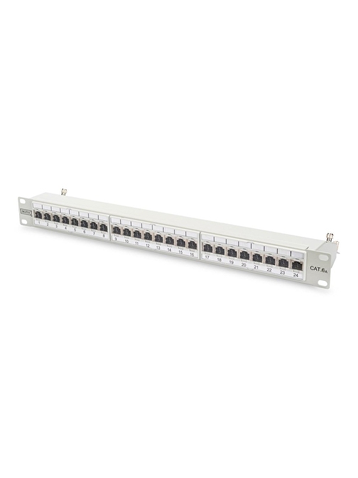 Digitus 19 Inch 24 Port Cat-6a EA Sınıfı FTP Patch Panel, Zırhlı, 1U, tozdan korumak için kapaklı, 8P8C, gri RAL 7035 renk