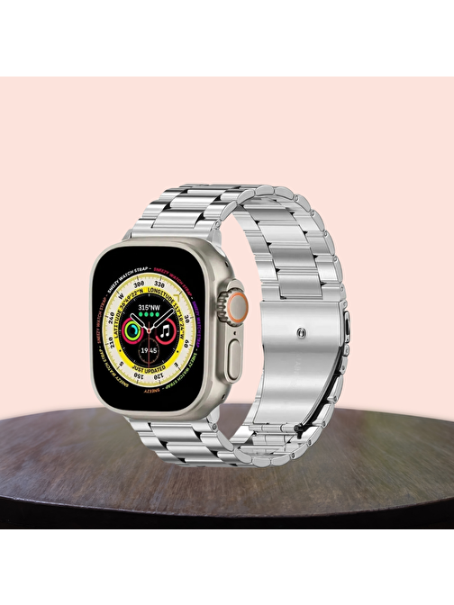 Apple Watch 42-44-45mm Uyumlu  Kordon Paslanmaz Şık Çelik Tasarım Kayış GÜMÜŞ