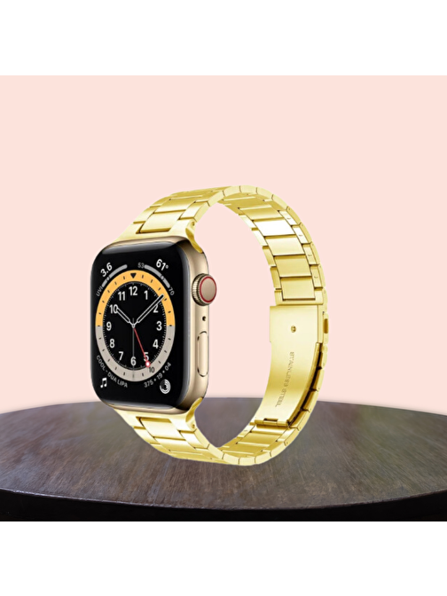 Apple Watch 42-44-45mm Uyumlu  Kordon Paslanmaz Şık Çelik Tasarım Kayış GOLD