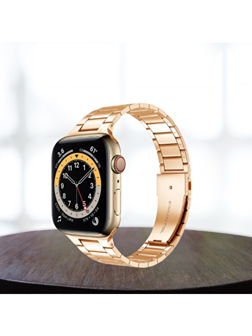 Apple Watch 42-44-45mm Uyumlu  Kordon Paslanmaz Şık Çelik Tasarım Kayış BRONZ