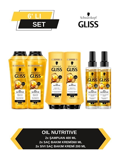 Gliss Oil Nutritive Şampuan 400ml x2 + Saç Kremi 360ml x2+ Sıvı Saç Kremi 200 ml x2