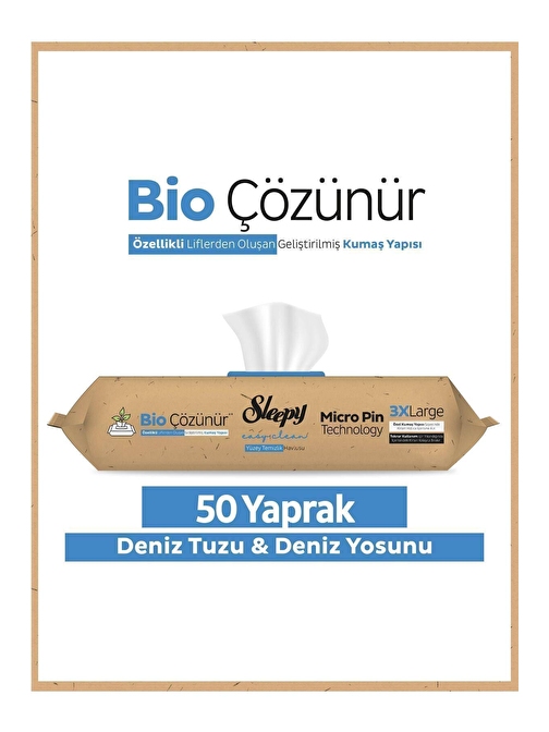 Sleepy Bio Çözünür Deniz Tuzu ve Deniz Yosunu Yüzey Havlusu 50'li