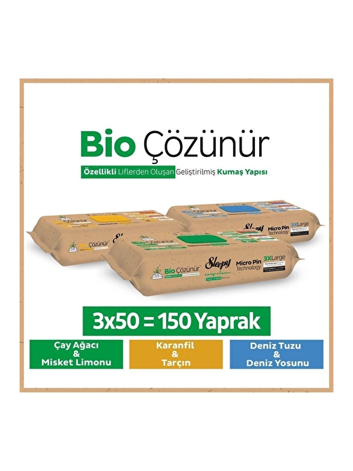 Sleepy Bio Çözünür Yüzey Temizlik Havlusu Karma 3 x 50'li