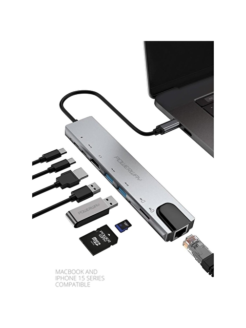 Powerway 8 in 1 Type-C Hub Dönüştürücü 4K Hdmi USB Micro Sd Gigabyte Ethernet 