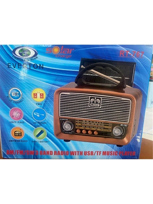 Everton Rt-767 Bluetooth -Usb-Tf-Am-Fm-Sw-Tws-Usb Güneş Enerjili Şarj Nostaljik Radyo