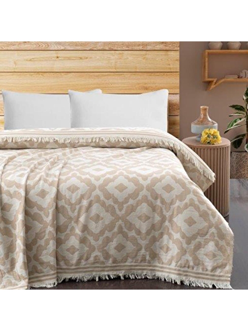 Maxstyle Damask Jakarlı Çift Kişilik Pike Bej 220x240 cm