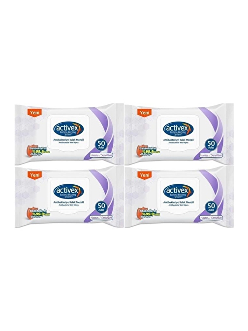 Activex Islak Havlu Mendil Hassas 50 Yaprak 4 Lü Set (200 Yaprak) Plastik Kapaklı