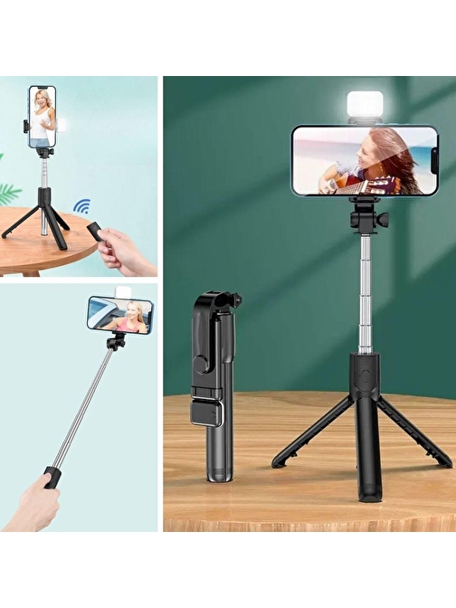 Kendiliğinden Işıklı Masaüstü Tripod Olabilen Telefon Tutuculu Kablosuz Kumandalı Selfie Çubuğu (3877)