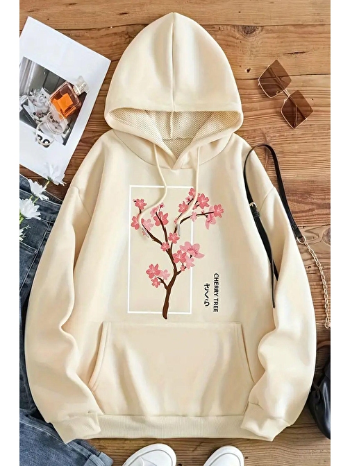 Cherry Tree Baskılı Oversize Sweatshirt