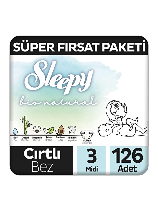 Sleepy Bio Natural Süper Fırsat Paketi Bebek Bezi 3 Numara Midi 126 Adet