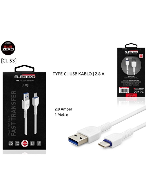 Subzero 2.8A 1Metre Usb Type-C Şarj Data Kablosu Beyaz