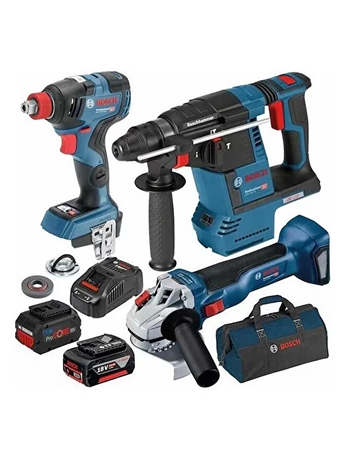 Bosch GBH 18V-26 Akülü Kırıcı Delici + Bosch GDX 18V-200 Akülü Darbeli Somun Sıkma + Bosch GWS 18V-10 Akülü Avuç Taşlama