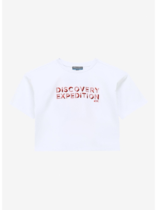 Discovery Expedition Beyaz Kız Çocuk Bisiklet Yaka Oversize Baskılı T-Shirt D4SG-TST3103