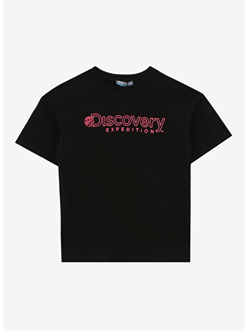 Discovery Expedition Siyah Kız Çocuk Bisiklet Yaka Relaxed Baskılı T-Shirt D4SG-TST3093