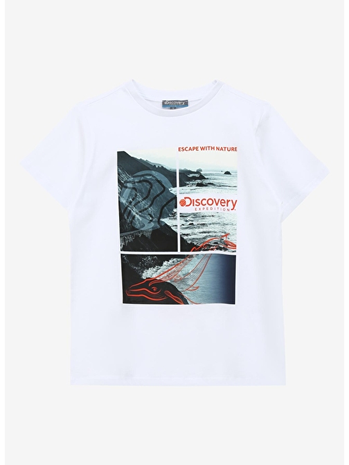 Discovery Expedition Beyaz Kız Çocuk Bisiklet Yaka Relaxed Baskılı T-Shirt D4SG-TST3105