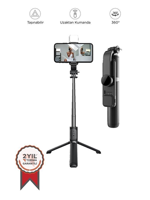 Torima Q02S Çok Amaçlı Tripod Kumandalı Işıklı Selfie Çubuğu Siyah 