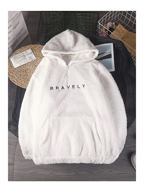 Erkek Bravely Nakışlı Yarım Fermuar Cepli Peluş Sweatshirt