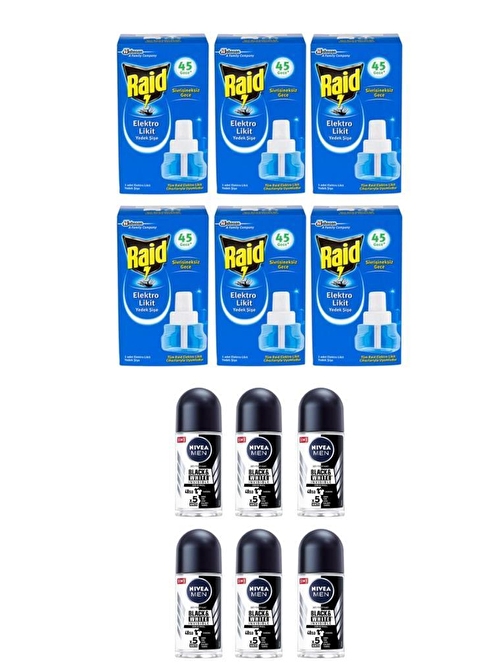 Raid Elektrolikit Sinek Kovucu Yedek Şişe 45 Gece 6 Adet+Nivea Rollon B&W Original 25 Ml 6 Adet