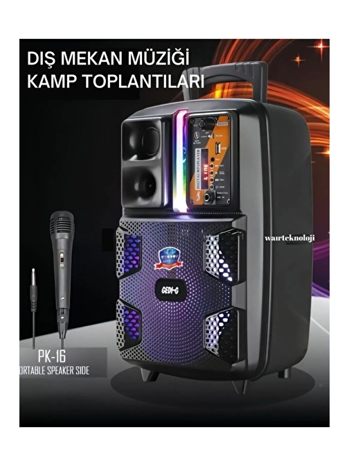 PK-16 Taşınabilir Bluetooth Kablosuz Hoparlör - Karaoke Speaker Mikrofonlu 