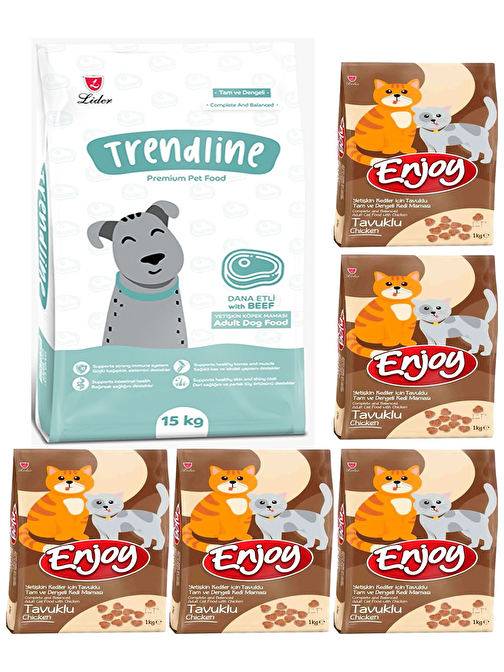 Trendline Dog Biftekli Köpek Maması 15 Kg & Enjoy Tavuk Etli Yetişkin Kedi Maması 1 Kg X 5 Adet