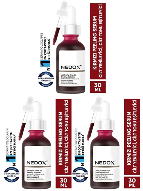 NEDOX 3 Adet Cilt Yenileyici Cilt Tonu Eşitleyici Kırmızı Peeling Serum Aha %30 Bha %2 Ph % 3.5 Serum 30 ml