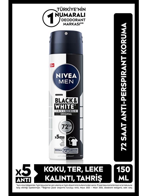 MEN Erkek Sprey Deodorant Black&White Invisible Original 150ml, 72 Saat Anti-perspirant Ter Koruması