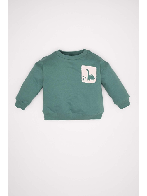 Erkek Bebek Yeşil Bisiklet Yaka Dinazor Baskılı İçi Yumuşak Tüylü İnce Sweatshirt D3931A524WN