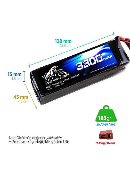 Leopard Power 3300mAh 7.4V 2S 30C Lityum Polimer Lipo Batarya Pil T Plug