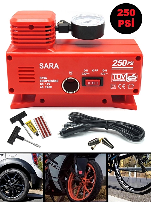 ROWERMAX Alman 220 Volt-12 Volt 250 Psi Psi Kompresör Lastik Hava Şişirme Oto Pompası Tamir Kiti