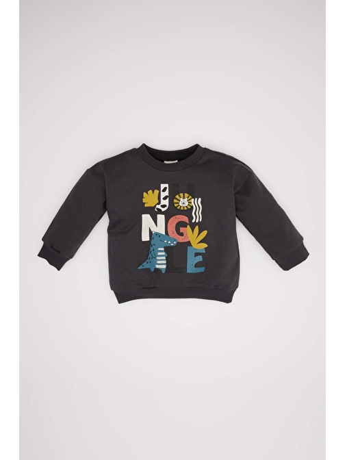 Erkek Bebek Bisiklet Yaka Hayvan Desenli İçi Yumuşak Tüylü Sweatshirt D3925A524WN