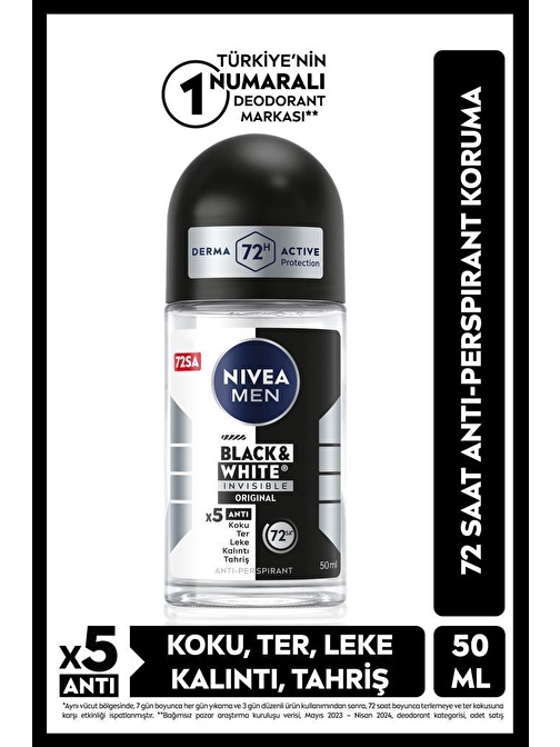 MEN Erkek Roll On Deodorant Black&White Invisible Original 50ml, 72 Saat Anti-perspirant Koruma