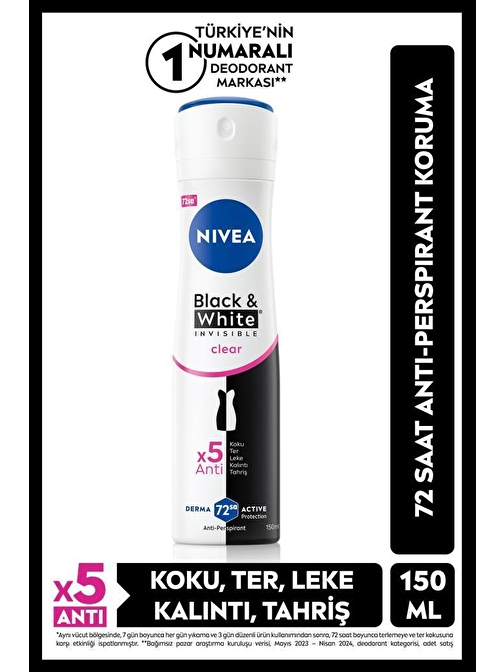 Kadın Sprey Deodorant Black&White Invisible Clear 150ml, 72 Saat Anti-perspirant Koruma