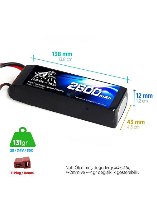 Leopard Power 2600 mAh 7.4V 2S 30C Lityum Polimer Lipo Batarya Pil T Plug