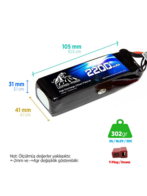 Leopard Power 2200 mAh 7.4V 2S 30C Lityum Polimer Lipo Batarya Pil T Plug