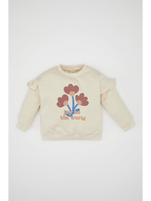 Kız Bebek Regular Fit Bisiklet Yaka Çiçek Baskılı İçi Yumuşak Tüylü İnce Sweatshirt D5573A524WN