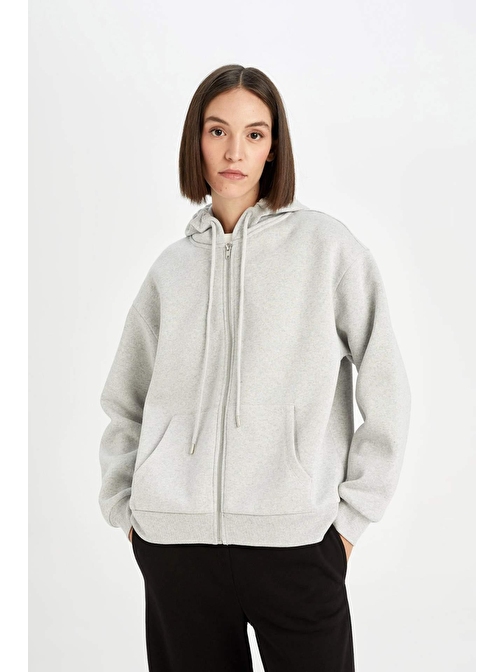 Okula Dönüş Relax Fit Basic Kapüşonlu Kalın Sweatshirt Kumaşı Fermuarlı Hırka D8717AX24WN