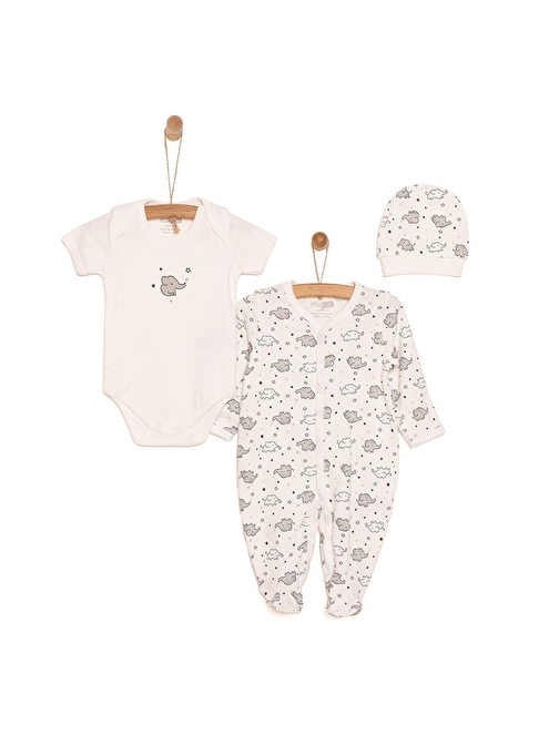 HelloBaby Yenidoğan Bebek Sevimli Fil Kendinden Eldivenli Tulum-Body-Şapka 3lü Set Unisex