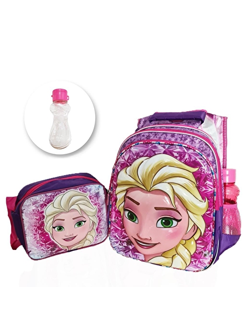 Mor Frozen Elsa Sırt Çantası + Beslenme + Suluk - Elsa İlkokul Çantası Karlar Ülkesi Okul Çantası