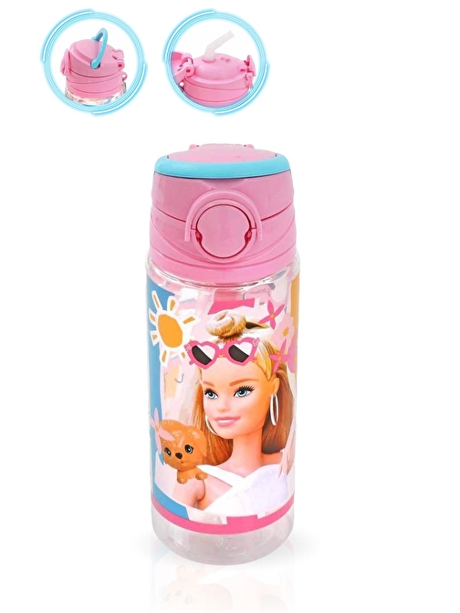 Pembe Barbie Şeffaf Matara 500ML - Çocuk Suluk, Matara, Suluk Pipetli Suluk, Askılı Suluk