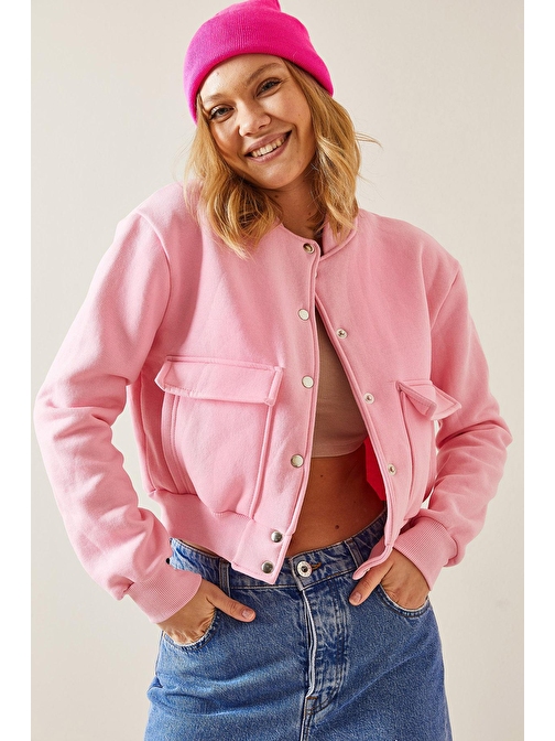 Pembe Çıtçıt Düğmeli Crop Bomber Ceket 3YXK4-47551-20 | XL