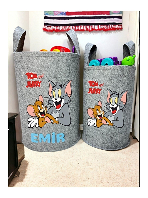 Unisex Kişiye Özel Isimli Unisex Gri Tom And Jerry Baskılı Büyük Ve Orta Boy Oyuncak Çamaşır Sepeti