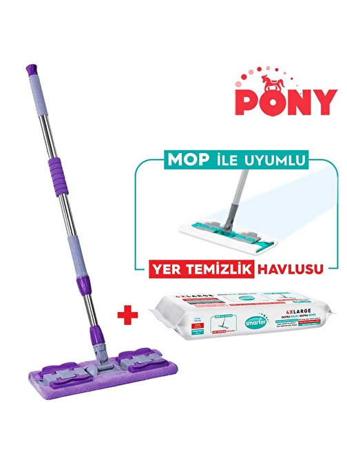 Pony Mandallı Mop + Yer Temizlik Havlusu Hediyeli Microfiber Yüzey Set Paspas Duvar Cam Kıskaçlı Klipsli