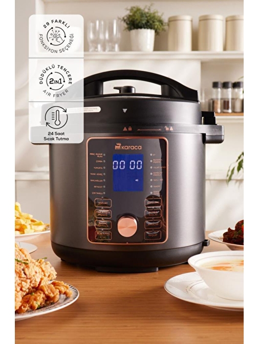 Karaca Cooker 2 in 1 6L Çok Amaçlı Basınçlı Pişirici Akıllı Elektrikli Düdüklü Tencere ve Airfryer Matt Black