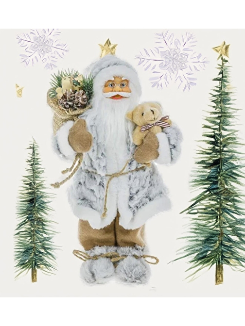 Yılbaşı Süsü Noel Baba Biblo Figür Büyük Boy 30 cm -  Peluş Ayısı ve Hediye Çuvalı ile...