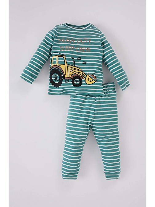 Erkek Bebek Pijama Takımı Araç Baskılı Çizgili Bisiklet Yaka Uzun Kollu Üst Uzun Alt  D5351A524WN