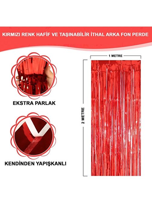 Kırmızı Renk Ekstra Metalize Parlak Saçaklı Arka Fon Perde İthal A Kalite 1x2 Metre